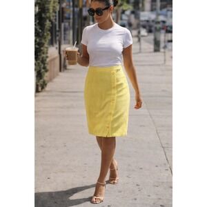 St. John Yellow Santana Knit Button Front Skirt Womens Medium Gold Logo Button